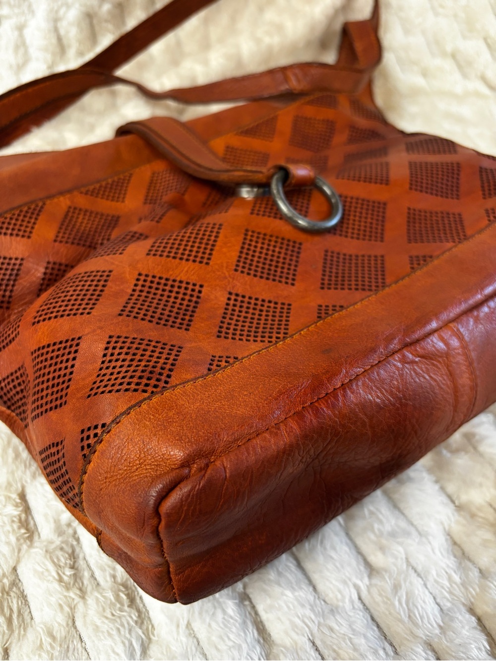 Vilenca Holland Cognac Leather Crossbody Perforated Front Zip Organizer